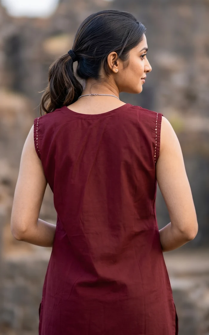 Maroon Solid Embroidered Kurta with Ajrakh Print Dupatta set
